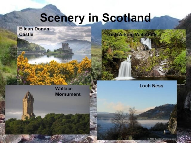 Scenery in ScotlandEilean Donan CastleWallace MomumentLoch NessLoch Arkaig Waterfalls