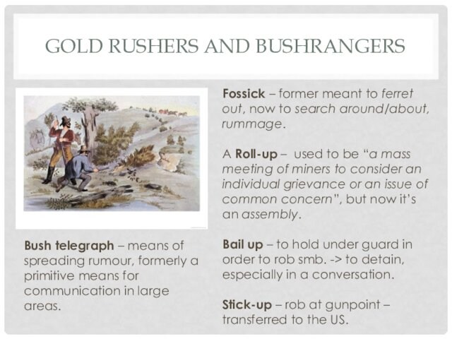 GOLD RUSHERS AND BUSHRANGERSFossick – former meant to ferret out, now to search around/about, rummage.A Roll-up