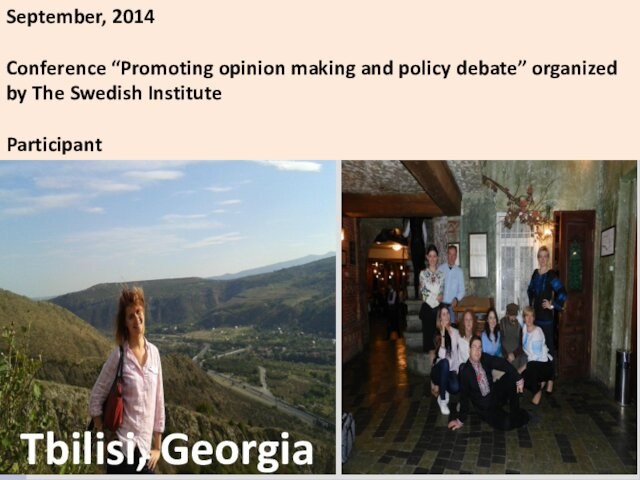 Tbilisi, GeorgiaSeptember, 2014Conference “Promoting opinion making and policy debate” organized by The Swedish InstituteParticipant