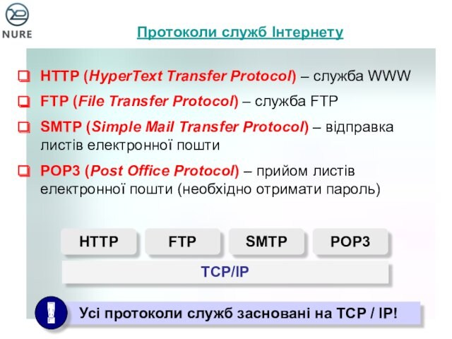 Протоколи служб ІнтернетуHTTP (HyperText Transfer Protocol) – служба WWWFTP (File Transfer Protocol) – служба FTPSMTP (Simple