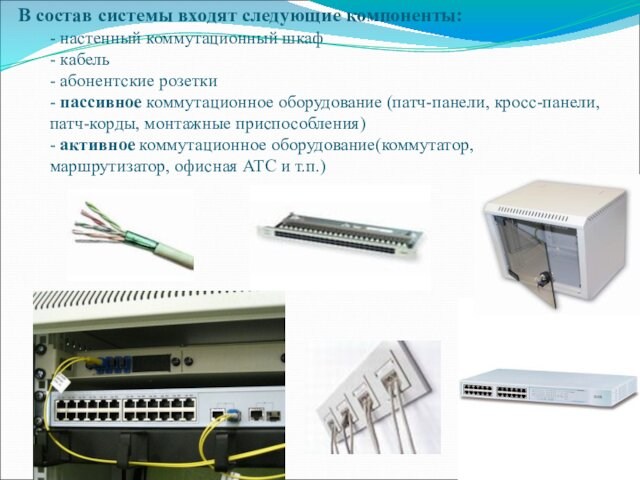 В состав системы входят следующие компоненты: - настенный коммутационный шкаф  - кабель  - абонентские
