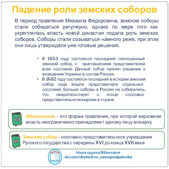 Падение роли земских соборовНаша группа ВКонтактеvk.com/obshestvo_samopodgotovkaВ период правления Михаила Федоровича, земские соборы стали собираться регулярно,