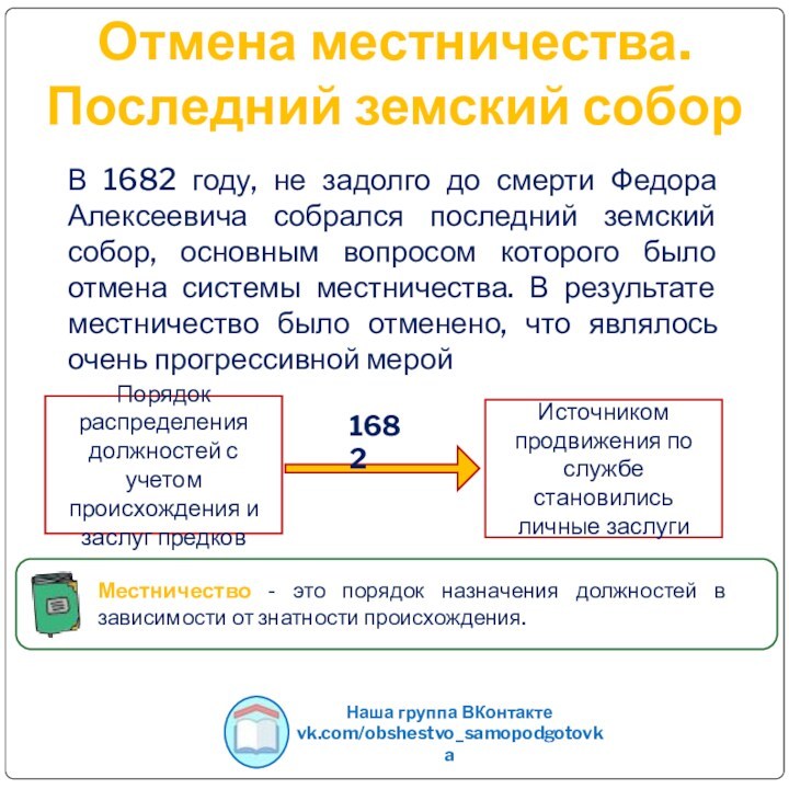 Отмена местничества. Последний земский собор Наша группа ВКонтактеvk.com/obshestvo_samopodgotovkaВ 1682 году, не задолго до смерти Федора