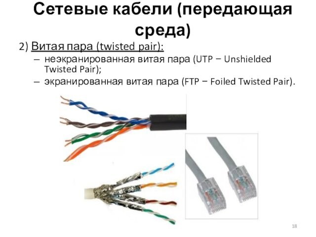 Сетевые кабели (передающая среда) 2) Витая пара (twisted pair):неэкранированная витая пара (UTP − Unshielded Twisted Pair);экранированная