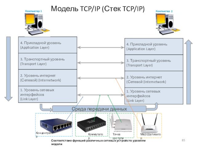 Модель TCP/IP (Стек TCP/IP)Среда передачи данныхКонцентраторКоммутаторТочка доступаМаршрутизаторСоответствие функций различных сетевых устройств уровням модели