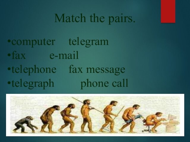 Match the pairs.computer		telegram fax			e-mailtelephone		fax messagetelegraph     phone call