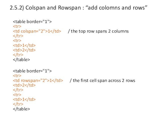 2.5.2) Colspan and Rowspan : “add colomns and rows”