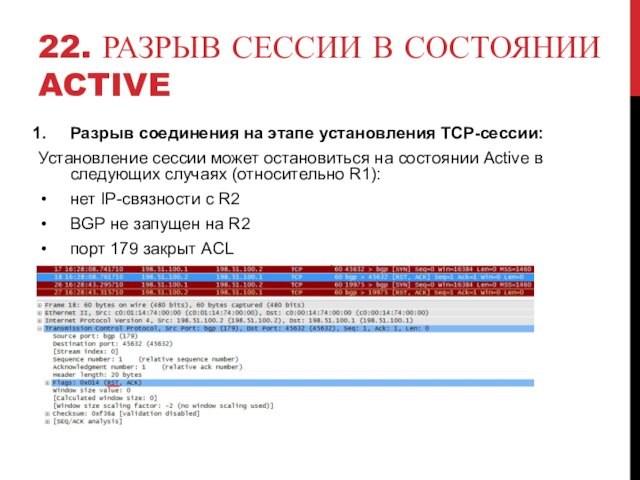 сессии может остановиться на состоянии Active в следующих случаях (относительно R1):нет IP-связности с R2BGP не