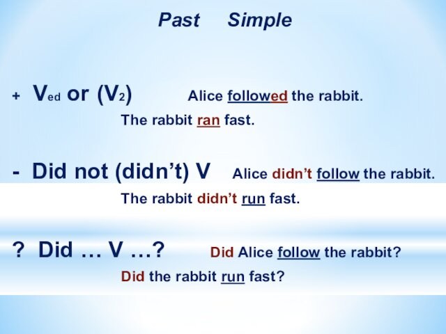 Past   Simple+  Ved or (V2)			Alice followed the rabbit.						The rabbit ran fast.- Did not