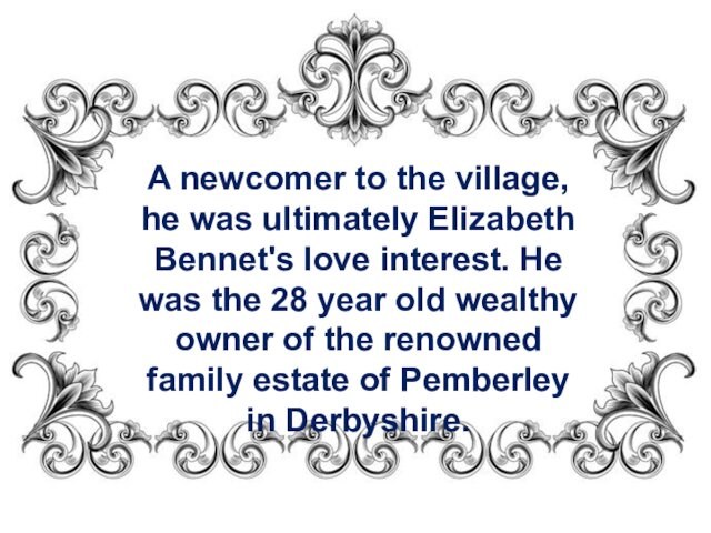 A newcomer to the village, he was ultimately Elizabeth Bennet's love interest. He was the 28