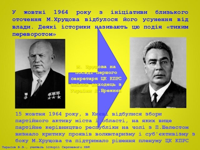 М. Хрущова на посаді першого секретаря ЦК КПРС змінив виходець з України Л.БрежнєвУ жовтні 1964 року