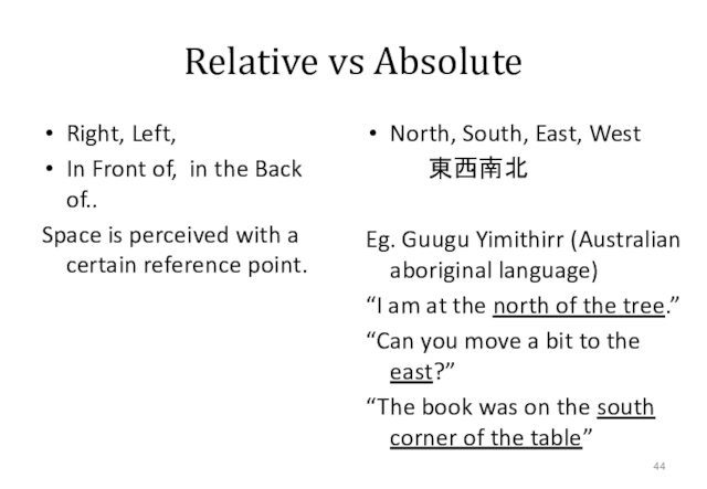 is perceived with a certain reference point.North, South, East, West　　  東西南北Eg. Guugu Yimithirr