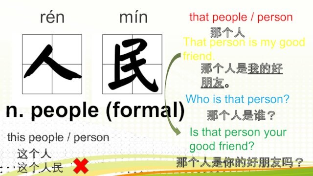 person那个人That person is my good friend.那个人是我的好朋友。Who is that person?那个人是谁？Is that person your good friend?那个人是你的好朋友吗？