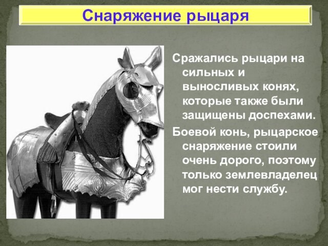 доспехами. Боевой конь, рыцарское снаряжение стоили очень дорого, поэтому только землевладелец мог нести службу.Снаряжение рыцаря