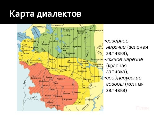 Карта диалектовПлансеверное наречие (зеленая заливка),южное наречие (красная заливка),среднерусские говоры (желтая заливка)