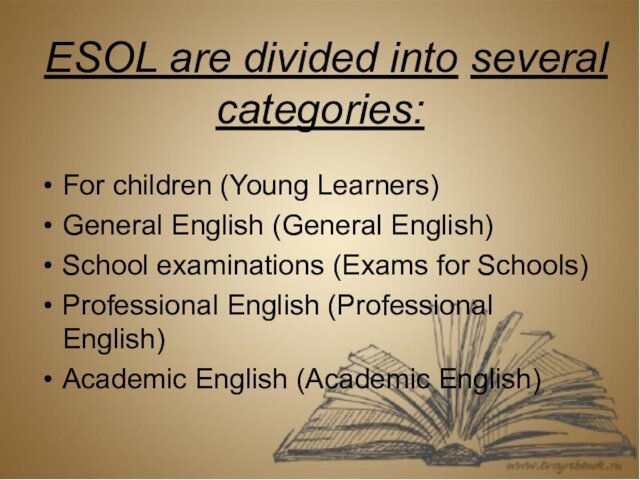 ESOL are divided into several categories:For children (Young Learners)General English (General English)School