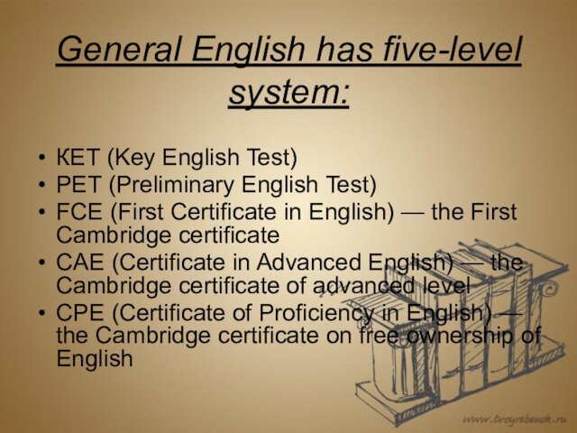 General English has five-level system:КЕТ (Key English Test)PET (Preliminary English Test)FCE (First