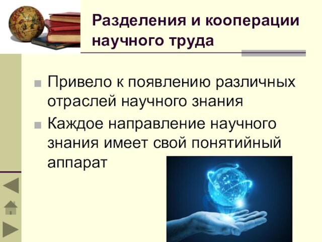 Разделения и кооперации научного труда Привело к появлению различных отраслей научного знанияКаждое направление научного знания имеет