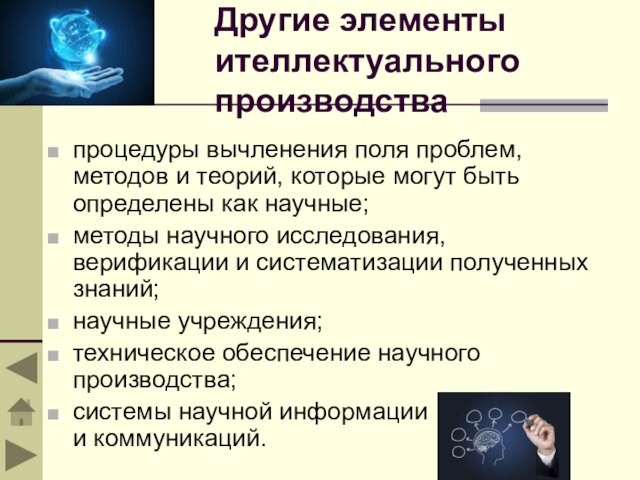 Другие элементы ителлектуального производствапроцедуры вычленения поля проблем, методов и теорий, которые могут быть определены как научные;методы научного