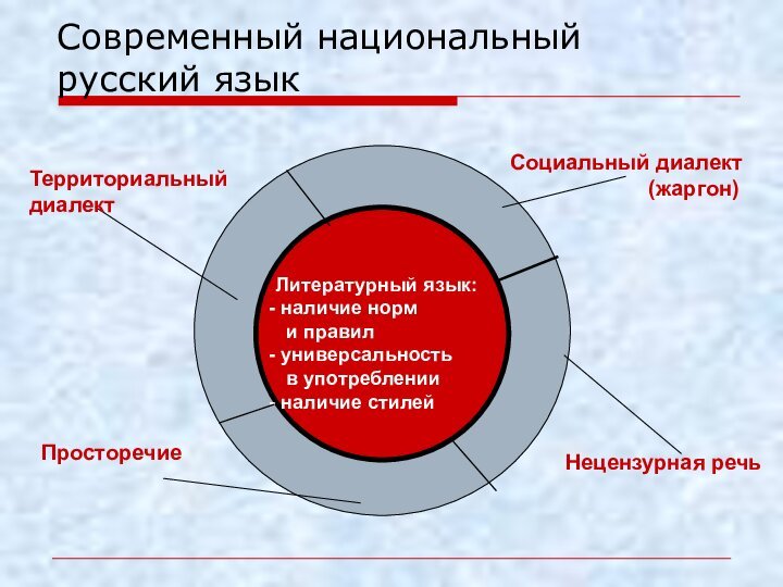 Современный национальный русский языкЛитературный язык: наличие норм и правил универсальность в употреблении наличие стилей