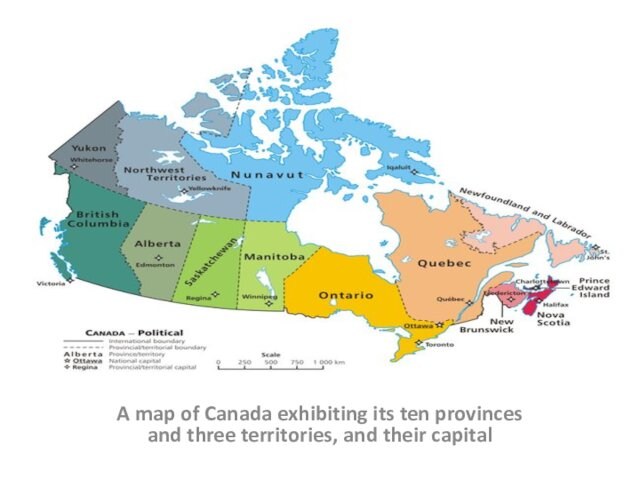 A map of Canada exhibiting its ten provinces and three territories, and their capital