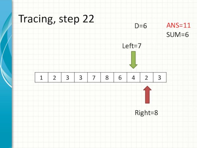 Tracing, step 22Left=7Right=8ANS=11SUM=6D=6