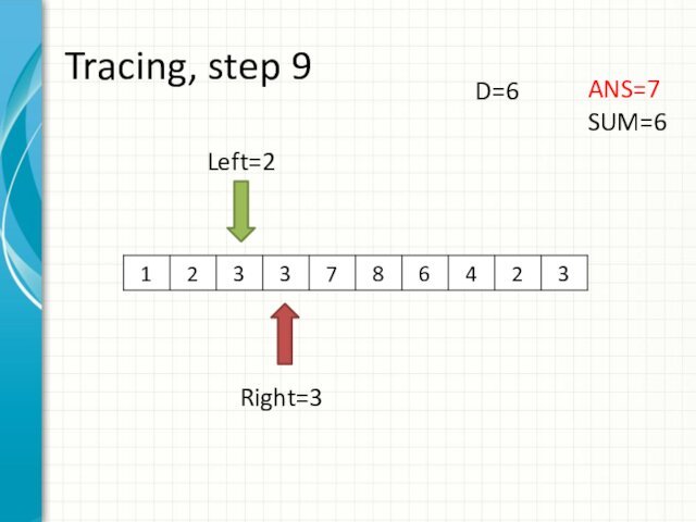 Tracing, step 9Left=2Right=3ANS=7SUM=6D=6