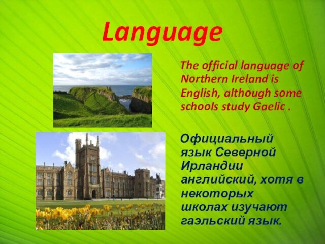 Language  The official language of Northern Ireland is English, although some