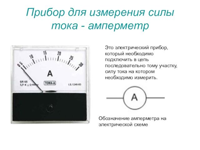 Прибор для измерения силы тока - амперметр Это электрический прибор, который необходимо