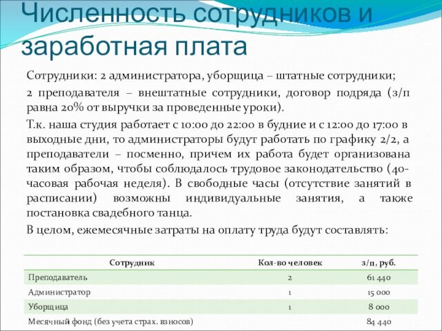 Численность сотрудников и заработная платаСотрудники: 2 администратора, уборщица – штатные сотрудники;2 преподавателя – внештатные сотрудники,