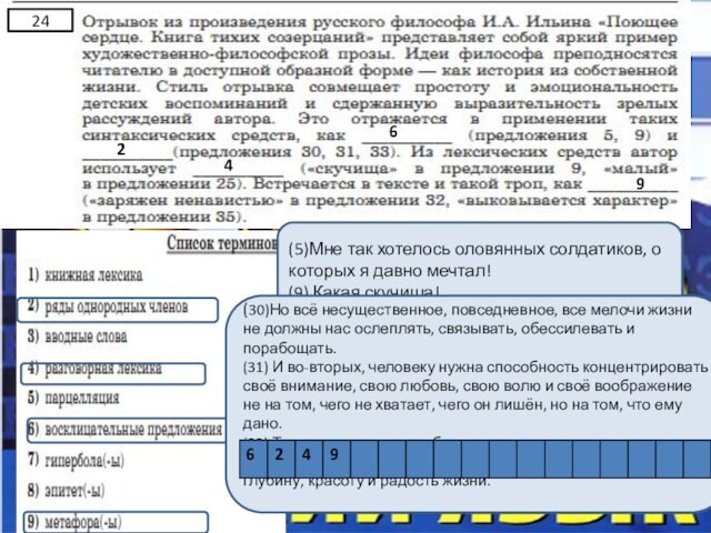 (5)Мне так хотелось оловянных солдатиков, о которых я давно мечтал!(9) Какая скучища!6(30)Но всё несущественное, повседневное,