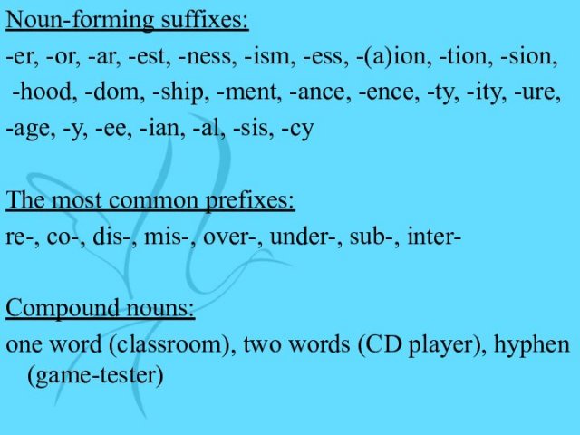 Noun-forming suffixes:-er, -or, -ar, -est, -ness, -ism, -ess, -(a)ion, -tion, -sion, -hood,