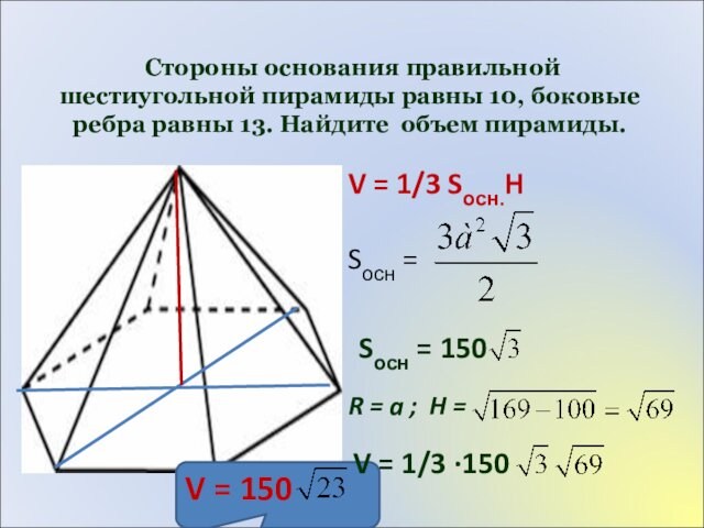 Стороны основания правильной шестиугольной пирамиды равны 10, боковые ребра равны 13. Найдите объем
