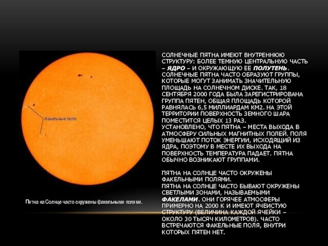 Пятна на Солнце часто окружены факельными полями. Солнечные пятна имеют внутреннюю структуру: более темную центральную