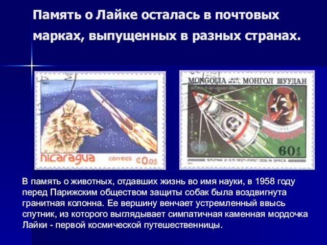 Память о Лайке осталась в почтовых марках, выпущенных в разных странах. В