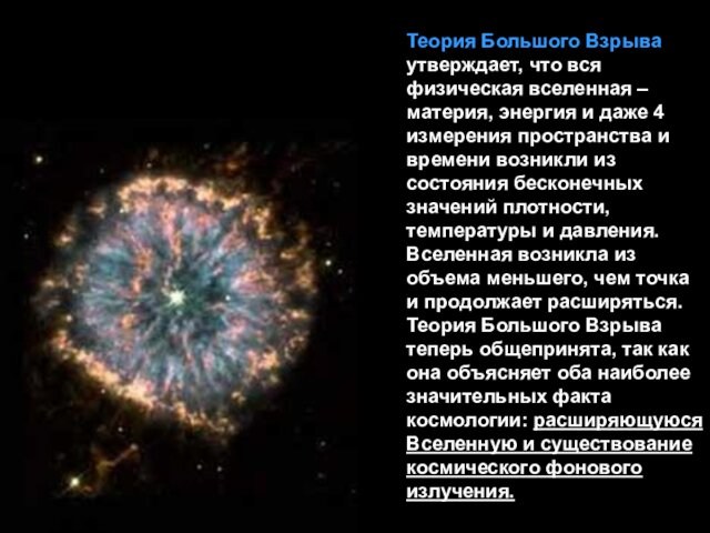 Теория Большого Взрыва утверждает, что вся физическая вселенная – материя, энергия и даже 4 измерения