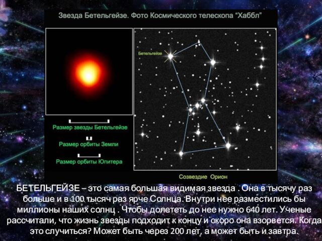 БЕТЕЛЬГЕЙЗЕ – это самая большая видимая звезда . Она в тысячу раз больше и в 100