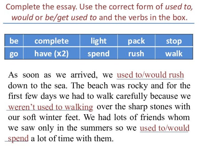 Complete the essay. Use the correct form of used to, would or