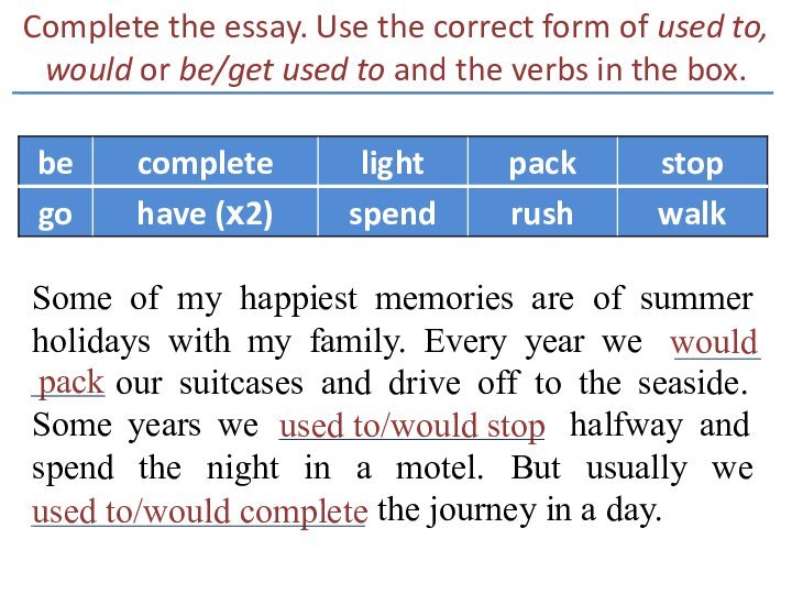 Complete the essay. Use the correct form of used to, would or be/get used to