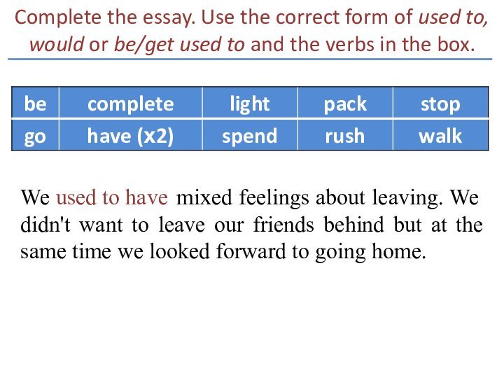 Complete the essay. Use the correct form of used to, would or be/get used to
