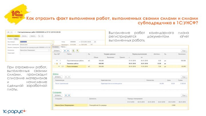 Как отразить факт выполнения работ, выполненных своими силами и силами субподрядчика в 1С:УНСФ?Выполнение работ календарного