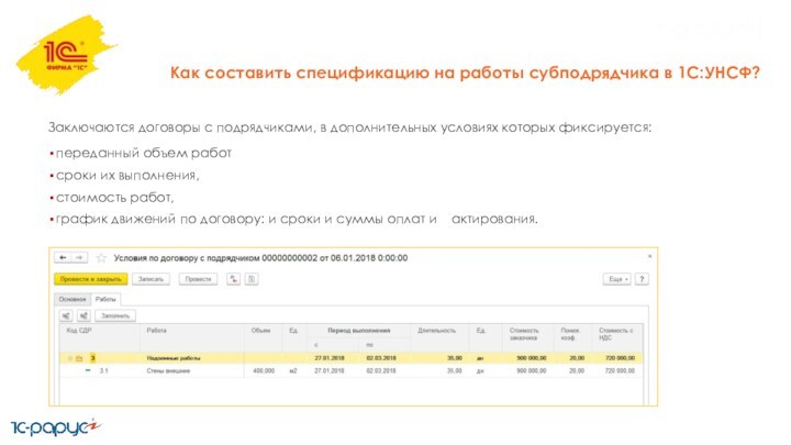 Как составить спецификацию на работы субподрядчика в 1С:УНСФ?Заключаются договоры с подрядчиками, в дополнительных условиях которых