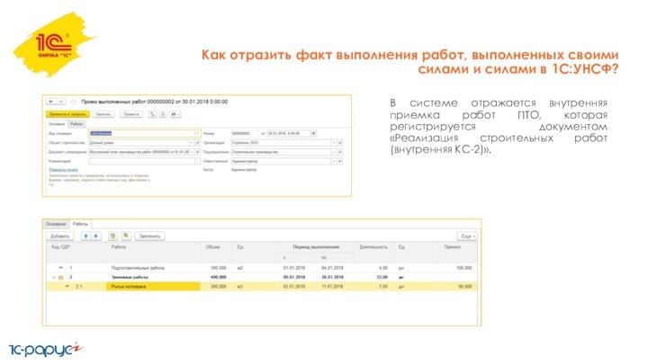 Как отразить факт выполнения работ, выполненных своими силами и силами в 1С:УНСФ?В системе отражается внутренняя