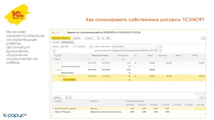 Как спланировать собственные ресурсы 1С:УНСФ?На основе документа «Задание на строительные работы» организации выполняется назначение исполнителей