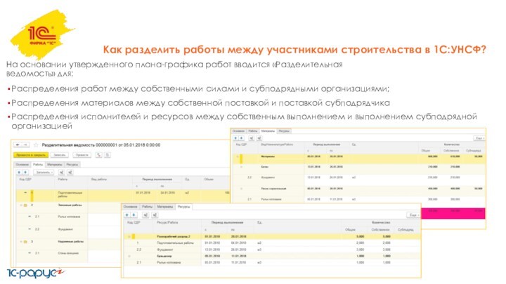 Как разделить работы между участниками строительства в 1С:УНСФ?На основании утвержденного плана-графика работ вводится «Разделительная ведомость»