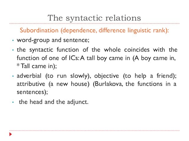 The syntactic relationsSubordination (dependence, difference linguistic rank):word-group and sentence;the syntactic function of the whole coincides