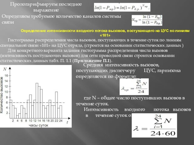 Прологарифмируем последнее выражениеОпределяем требуемое количество каналов системы связиОпределение интенсивности входного потока вызовов, поступающего на ЦУС