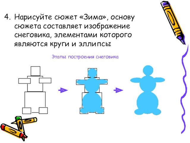 Нарисуйте сюжет «Зима», основу сюжета составляет изображение снеговика, элементами которого являются круги и эллипсыЭтапы построения снеговика