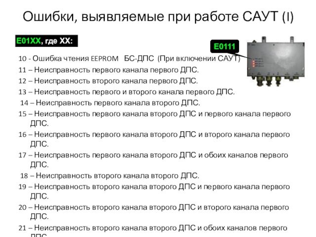 Ошибки, выявляемые при работе САУТ (I)10 - Ошибка чтения EEPROM БС-ДПС (При включении САУТ)11 –