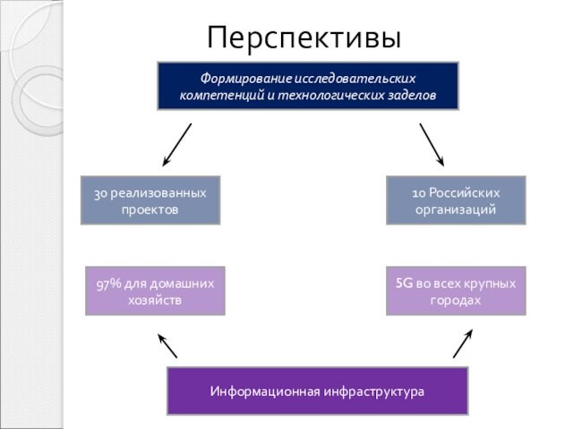 ПерспективыФормирование исследовательских компетенций и технологических заделов30 реализованных проектов10 Российских организацийИнформационная инфраструктура97% для домашних хозяйств5G во